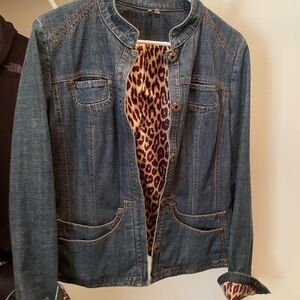 Tahari Blue Jean Jacket with Animal Print Lining